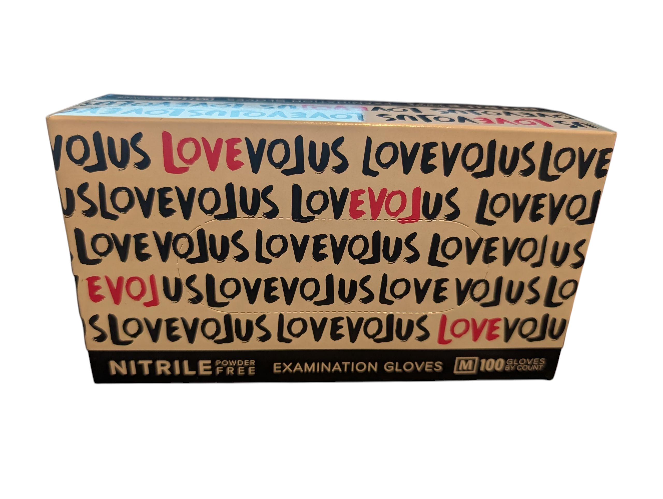 Box of Nitrile Examination Gloves with 'LOVEVOJUS' branding on a white background