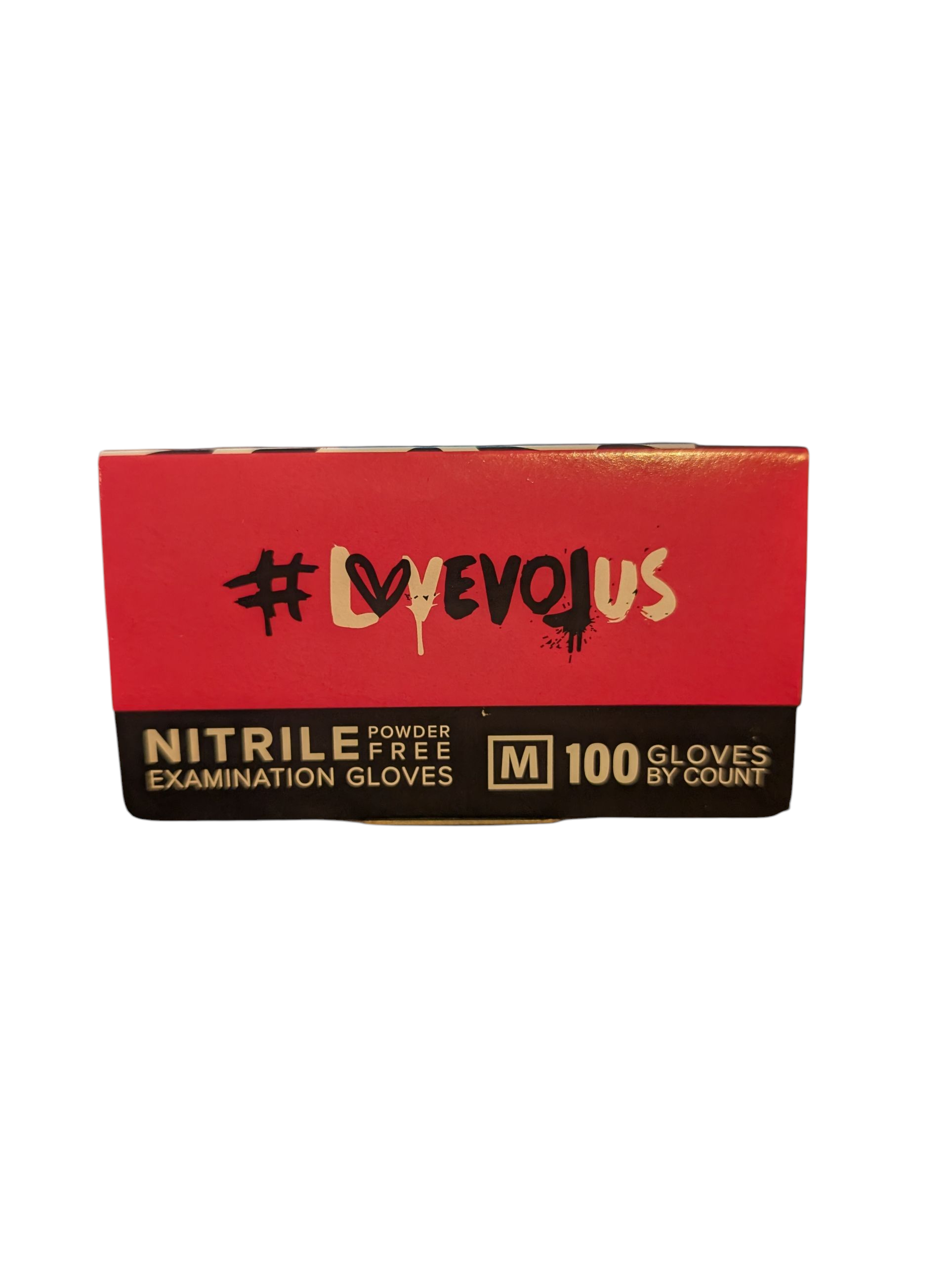 Box of nitrile gloves with '#LVEVOUS' branding on a white background