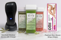 Collection of products including a handheld wireless device, roll-on cartridges, and non-woven strips on a white background.