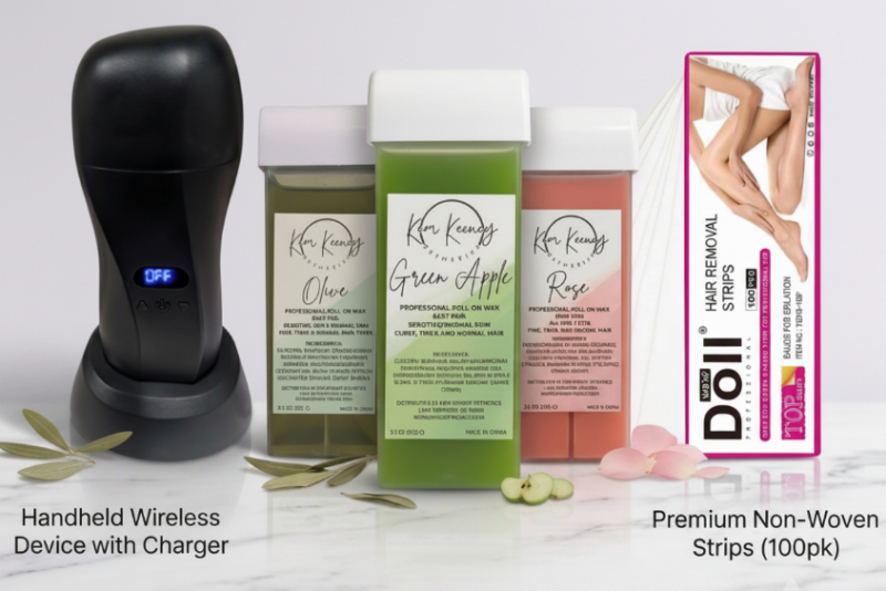 Collection of products including a handheld wireless device, roll-on cartridges, and non-woven strips on a white background.